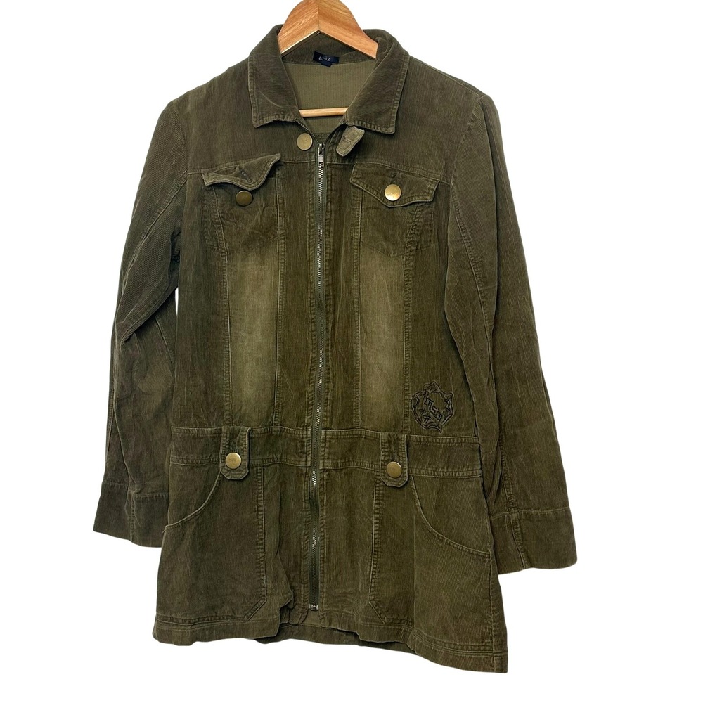 AZIZ Women Olive Green Corduroy Zip Front Jacket Size Medium Embroidered Detail